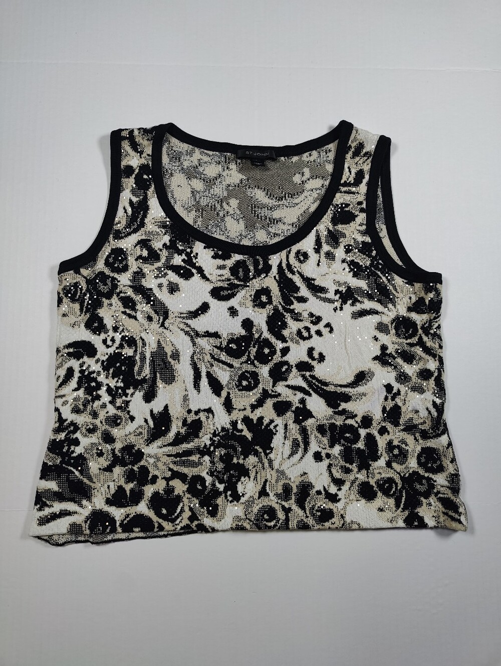 VTG St John Women Santana Knit Black White Floral Tank Top Size L Made In USA